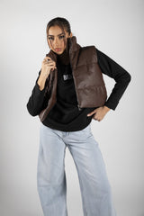 Brown Faux Leather Cropped Gilet