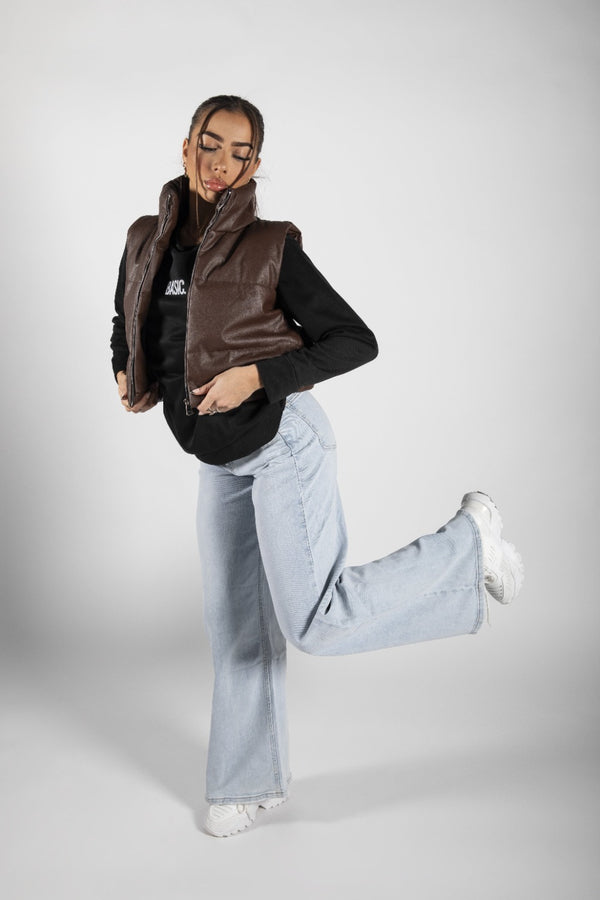 Brown Faux Leather Cropped Gilet