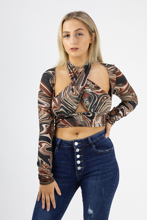 Brown Marble Print Halter Neck Top