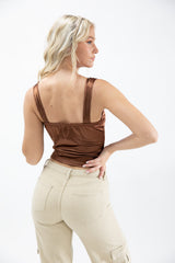 Chocolate Brown Diamante Satin Corset Top