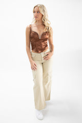 Chocolate Brown Diamante Satin Corset Top