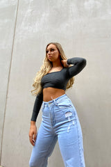 Charcoal Basic Square Neck Crop Tee