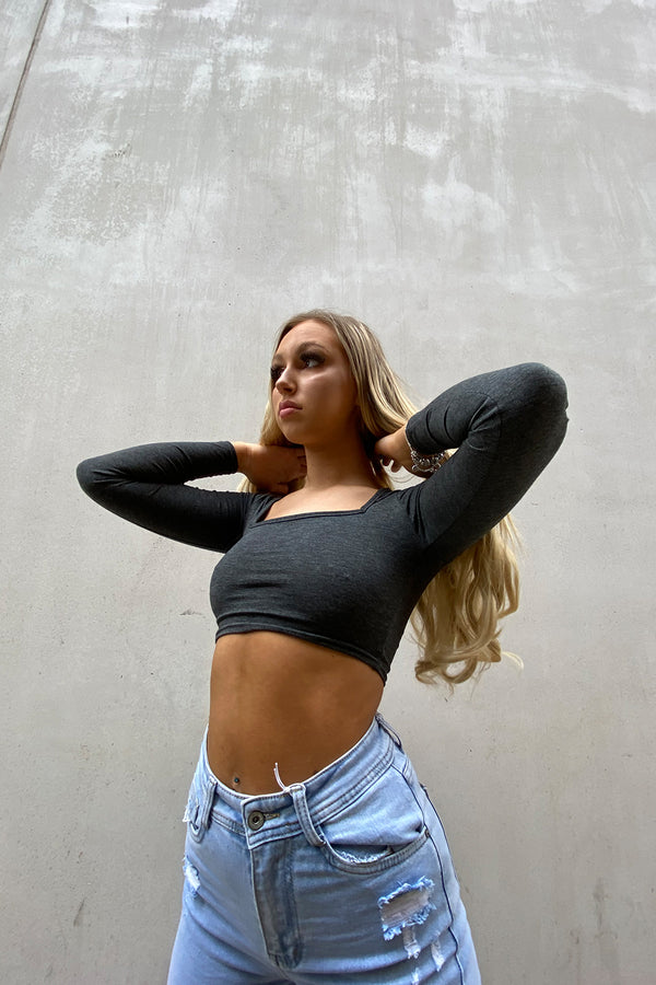Charcoal Basic Square Neck Crop Tee