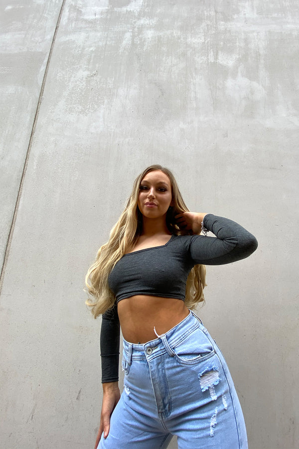Charcoal Basic Square Neck Crop Tee