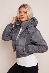 Charcoal Short Zipper Up Hooded Puffer Coat