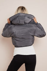 Charcoal Short Zipper Up Hooded Puffer Coat