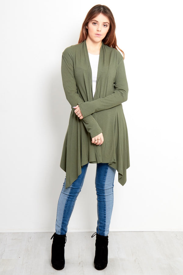 Khaki Ribbed Waterfall Cardigan