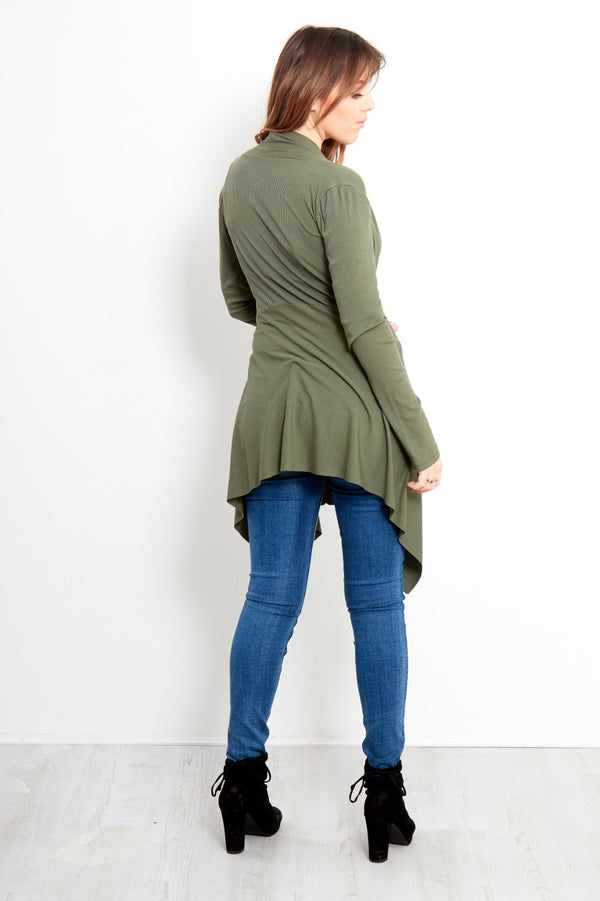 Khaki Ribbed Waterfall Cardigan
