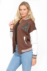 Chocolate Letter Patched Contrast Sleeve Varsity Jacket