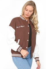 Chocolate Letter Patched Contrast Sleeve Varsity Jacket