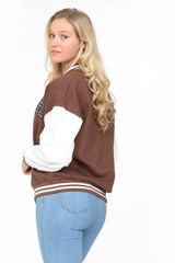 Chocolate Letter Patched Contrast Sleeve Varsity Jacket