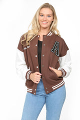 Chocolate Letter Patched Contrast Sleeve Varsity Jacket