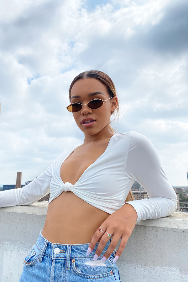 White Slinky Twist Front Long Sleeve Crop Top