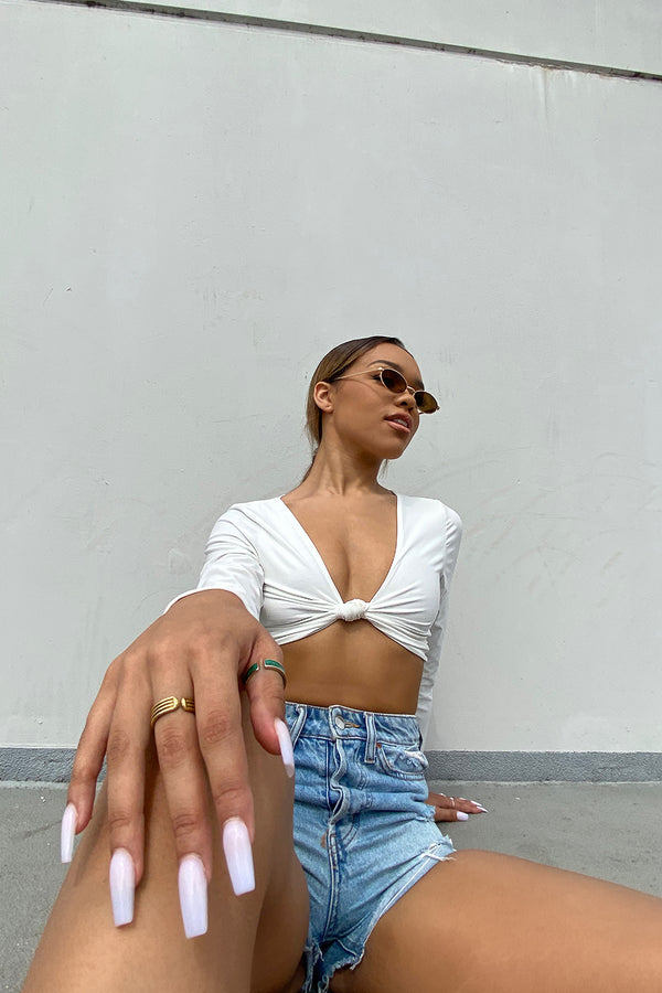 White Slinky Twist Front Long Sleeve Crop Top