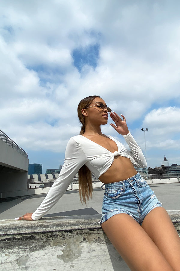 White Slinky Twist Front Long Sleeve Crop Top