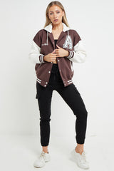 Chocolate Contrast Sleeve Hooded Varsity Jacket