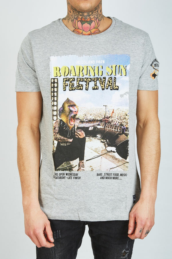 Mens Grey Roaring Festival Crew Neck T-Shirt