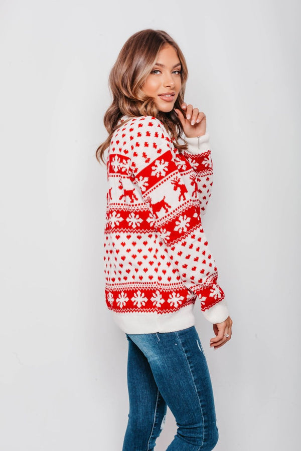 Cream Reindeer And Snowflake Knitted Christmas Jumper