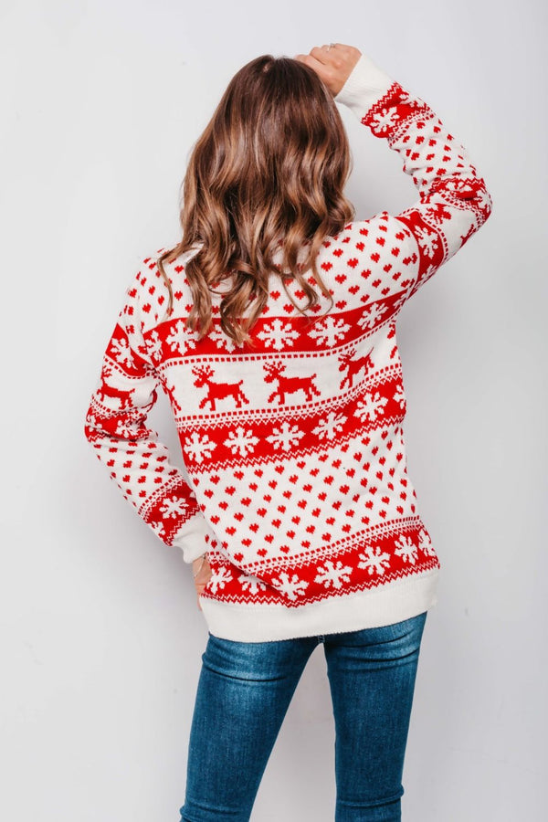 Cream Reindeer And Snowflake Knitted Christmas Jumper