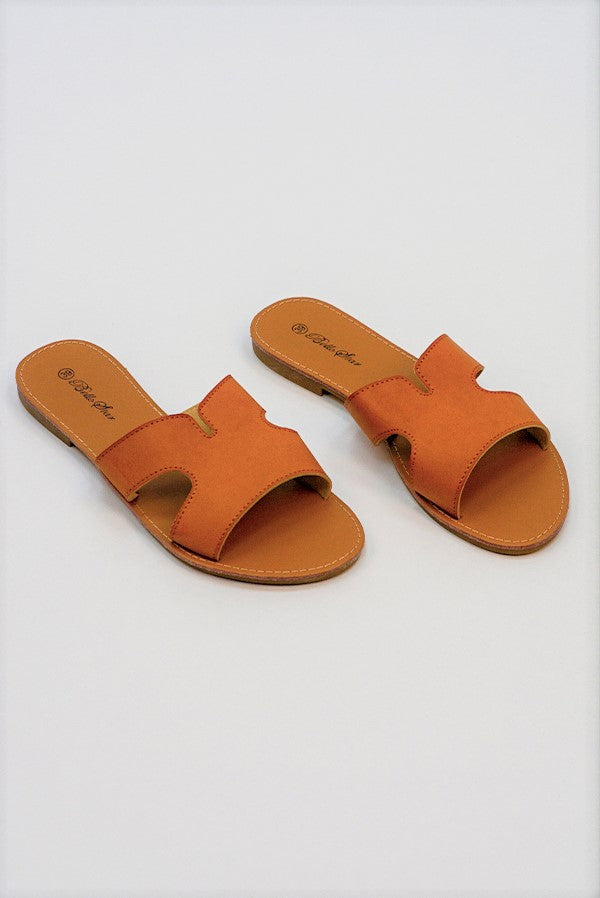 Camel Leather Open Toe Cutout Strap Sliders