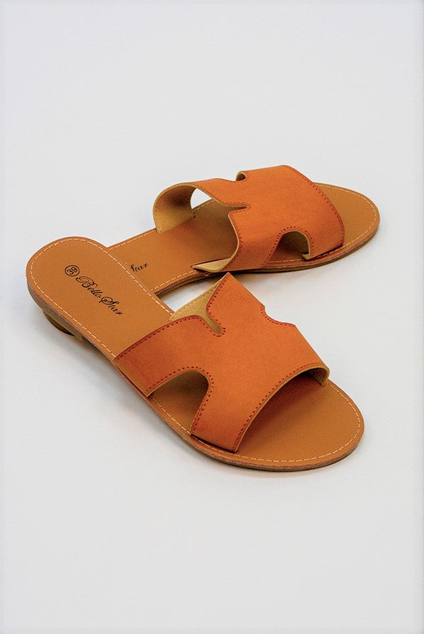 Camel Leather Open Toe Cutout Strap Sliders