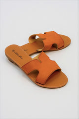 Camel Leather Open Toe Cutout Strap Sliders