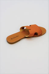 Camel Leather Open Toe Cutout Strap Sliders