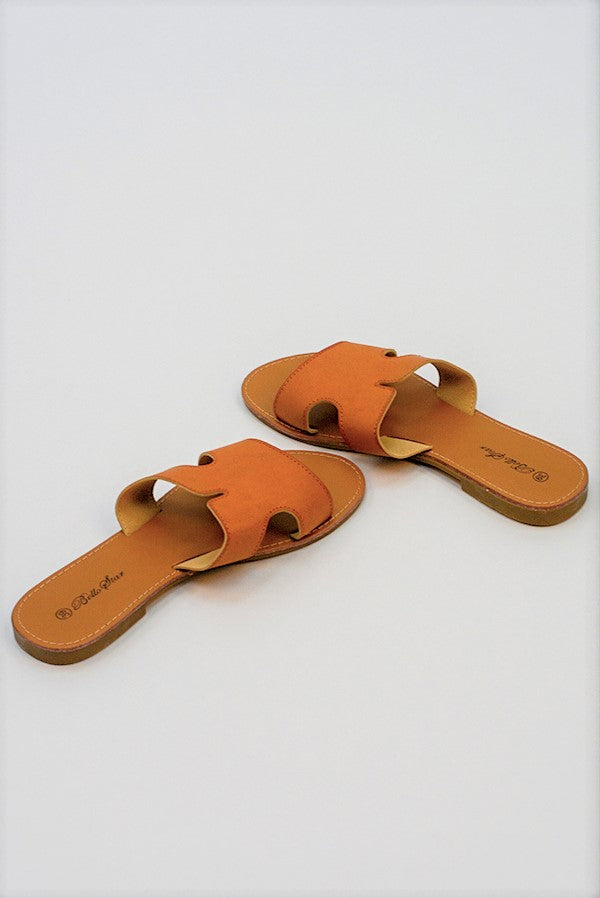 Camel Leather Open Toe Cutout Strap Sliders