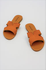 Camel Leather Open Toe Cutout Strap Sliders