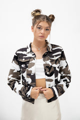 Camouflage Frayed Hem Cropped Jacket 