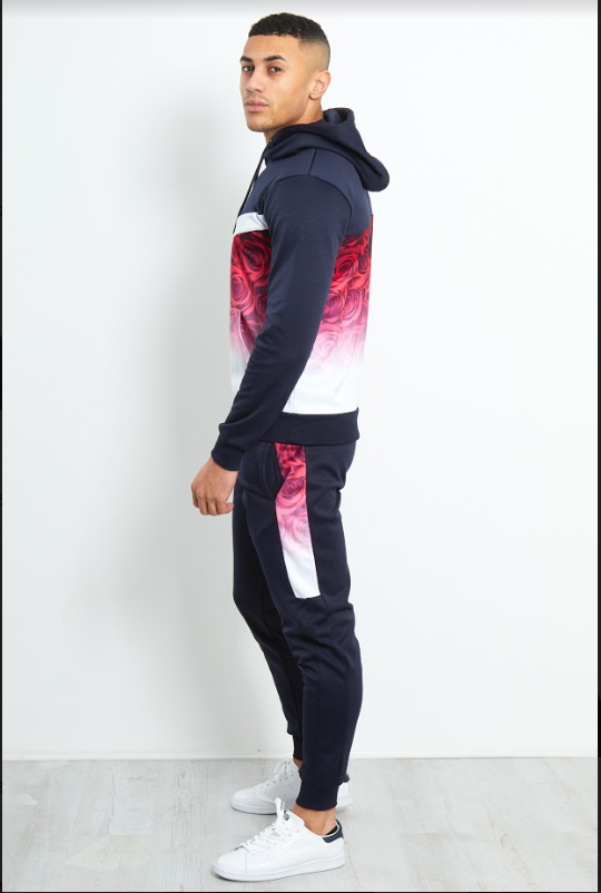 Navy Slim Fit Two Tone Rose Print Tracksuit 
