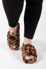 Brown Leopard Fluffy Faux Fur Stripe Slipper