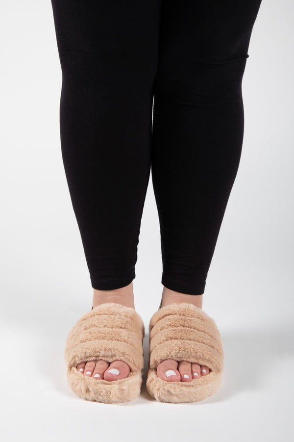 Camel Fluffy Faux Fur Stripe Slipper