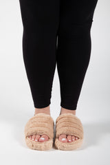 Camel Fluffy Faux Fur Stripe Slipper