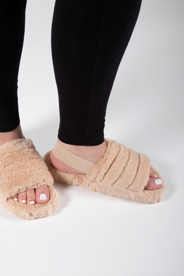 Camel Fluffy Faux Fur Stripe Slipper
