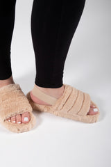 Camel Fluffy Faux Fur Stripe Slipper