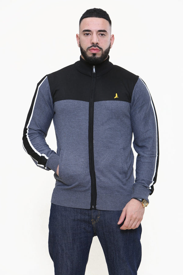 Mens Charcoal And Black Colourblock Zip Up Jumper 