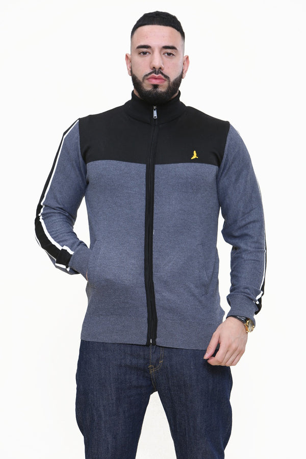 Mens Charcoal And Black Colourblock Zip Up Jumper 
