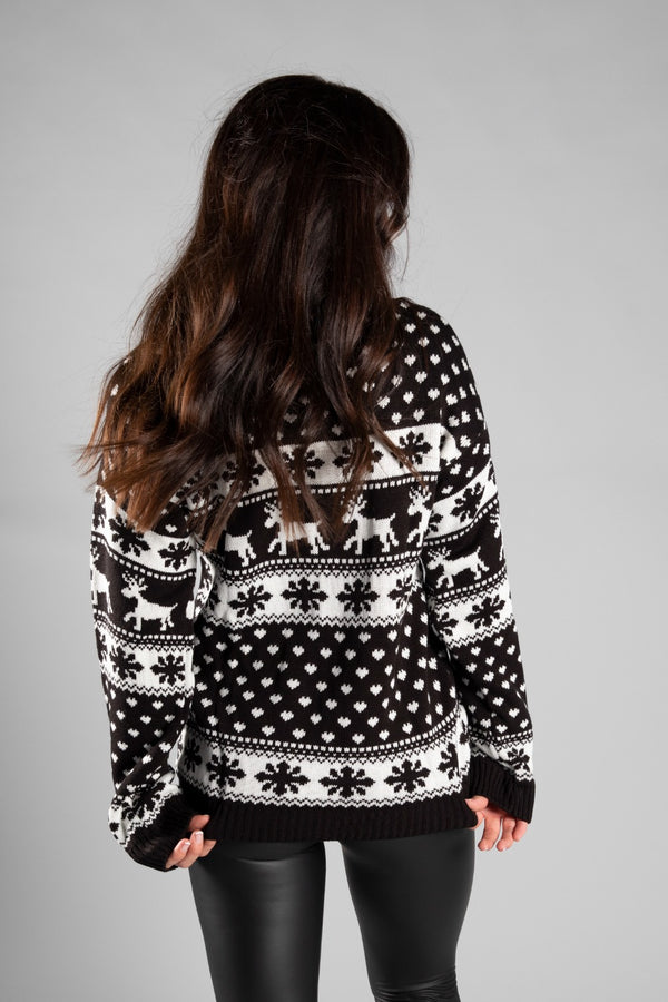 Black Reindeer And Snowflake Knitted Christmas Jumper 