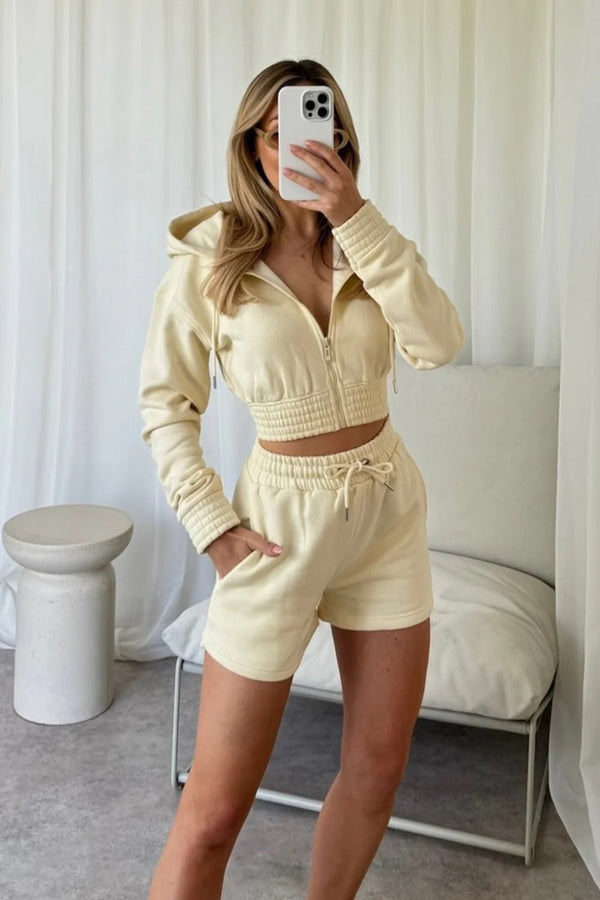 Cream Crop Zip Hoodie And Shorts Tracksuit Set
