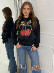 Black Leopard Print Bow Cherry Relaxed Sweatshirt