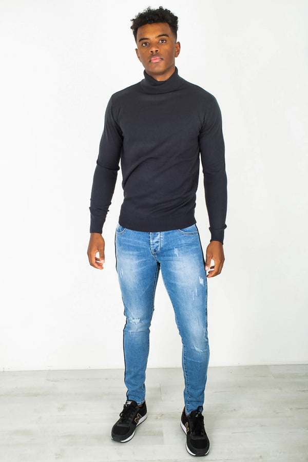 Mens Navy Polo Neck Fine Knit Jumper