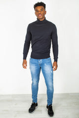 Mens Navy Polo Neck Fine Knit Jumper