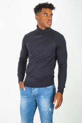 Mens Navy Polo Neck Fine Knit Jumper