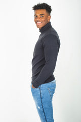 Mens Navy Polo Neck Fine Knit Jumper
