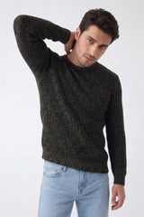 Mens Khaki & Black Waffle Knit Crew Neck Jumper - Hudson