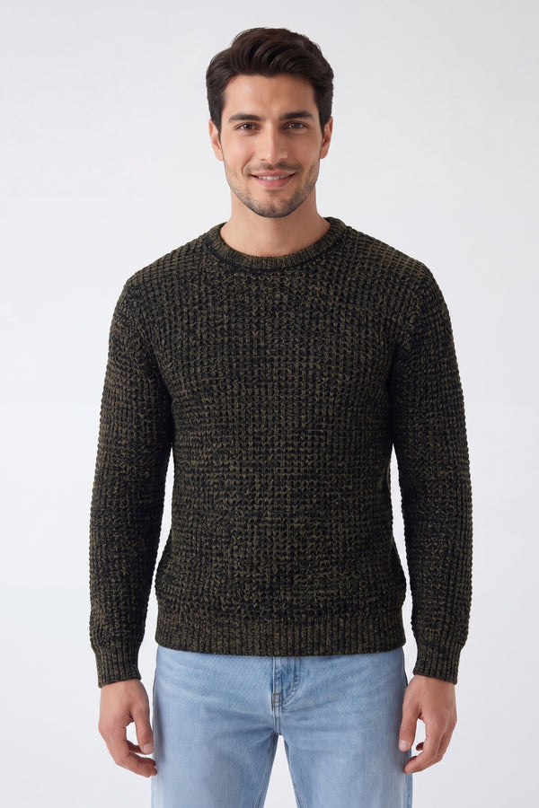 Mens Khaki & Black Waffle Knit Crew Neck Jumper - Hudson