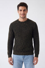 Mens Khaki & Black Waffle Knit Crew Neck Jumper - Hudson
