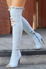 Light Denim Ripped Thigh Boots