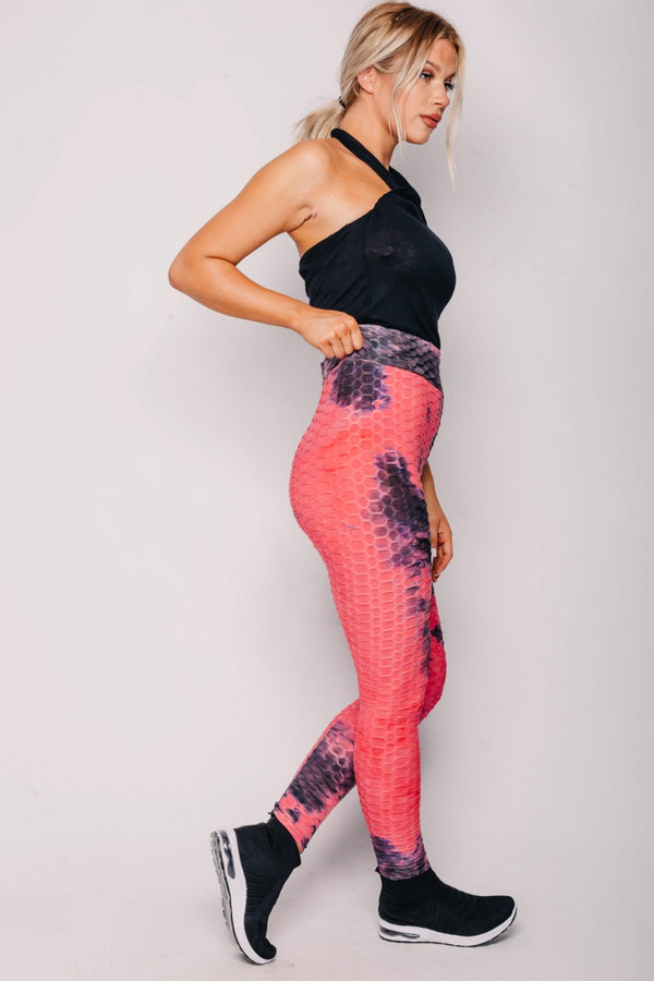 Pink Textured Tie Dye High Waist Gym Leggings